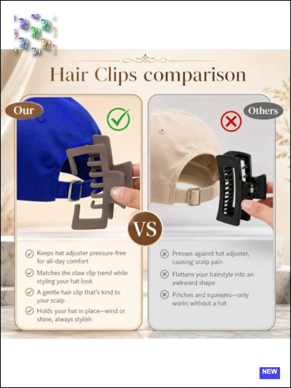 6PCS Large Hat Hair Claw Clips Set with Double-Tooth Hollow Design for Baseball